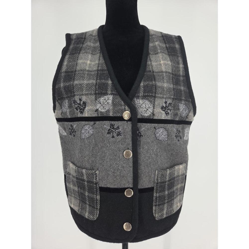 Vintage 90’s TanTrums Womens Wool Vest Medium Black Plaid Tweed‎ Embroidered